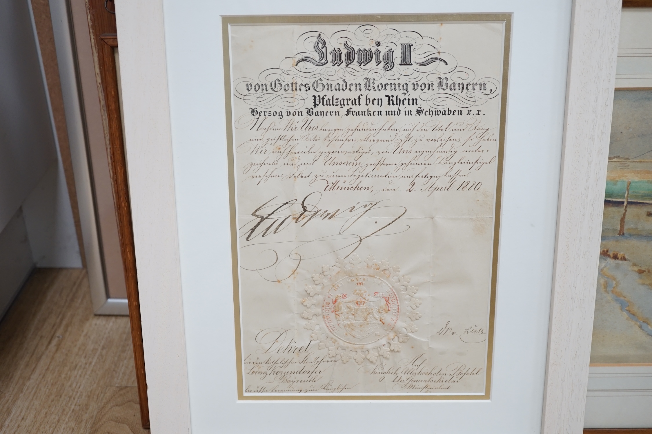 Ludwig II of Bavaria (1845-1886) interest, an official headed document handwritten and signed with applied blind stamp, dated 2 April 1880, leaf 29.5 x 19.5cm